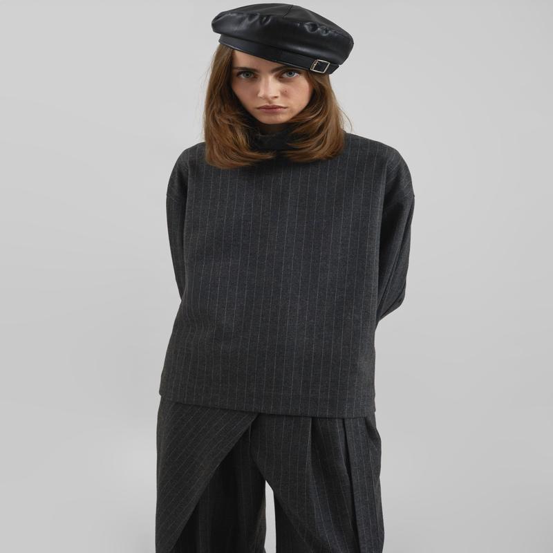 Belton Wool Blend Blouse – Charcoal/White Pinstripe